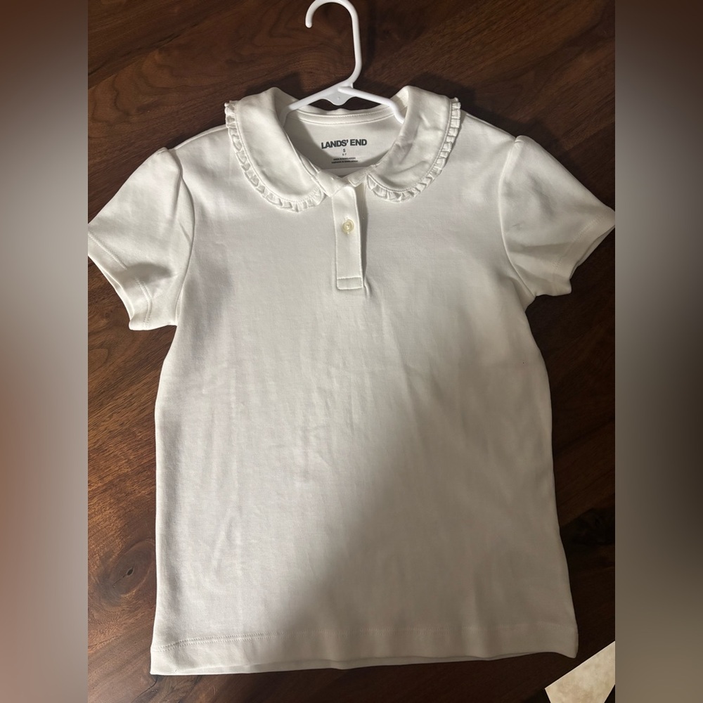 New! Lands End Girls size 6-7 White Ruffle Collar Polo
